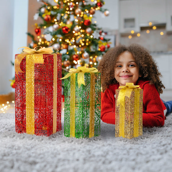 Green Gold Christmas Lighting Gift Box 3pcs Set  18in-15in-11in