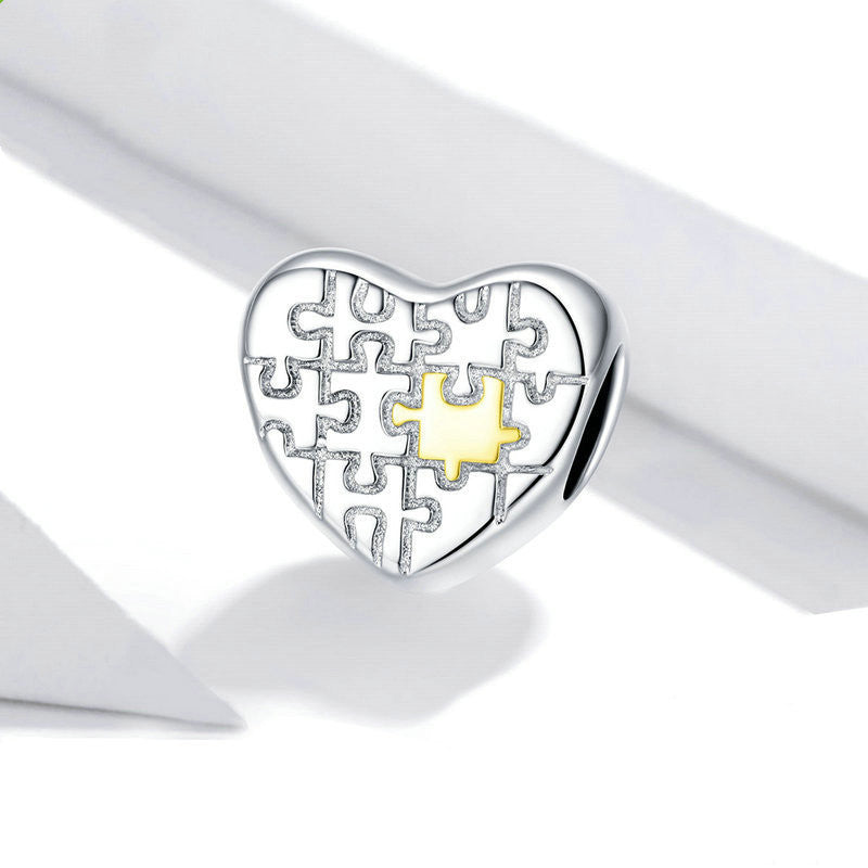 Heart & Puzzle Silver Plated Charm (Bracelet not included)