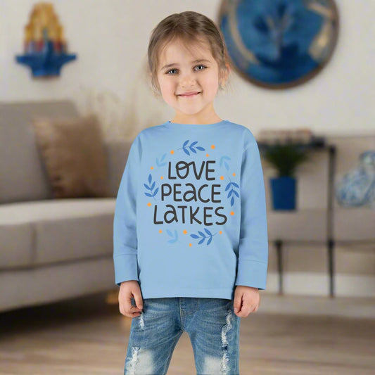 Hanukkah Love Peace Latkes Toddler Long Sleeve Tee