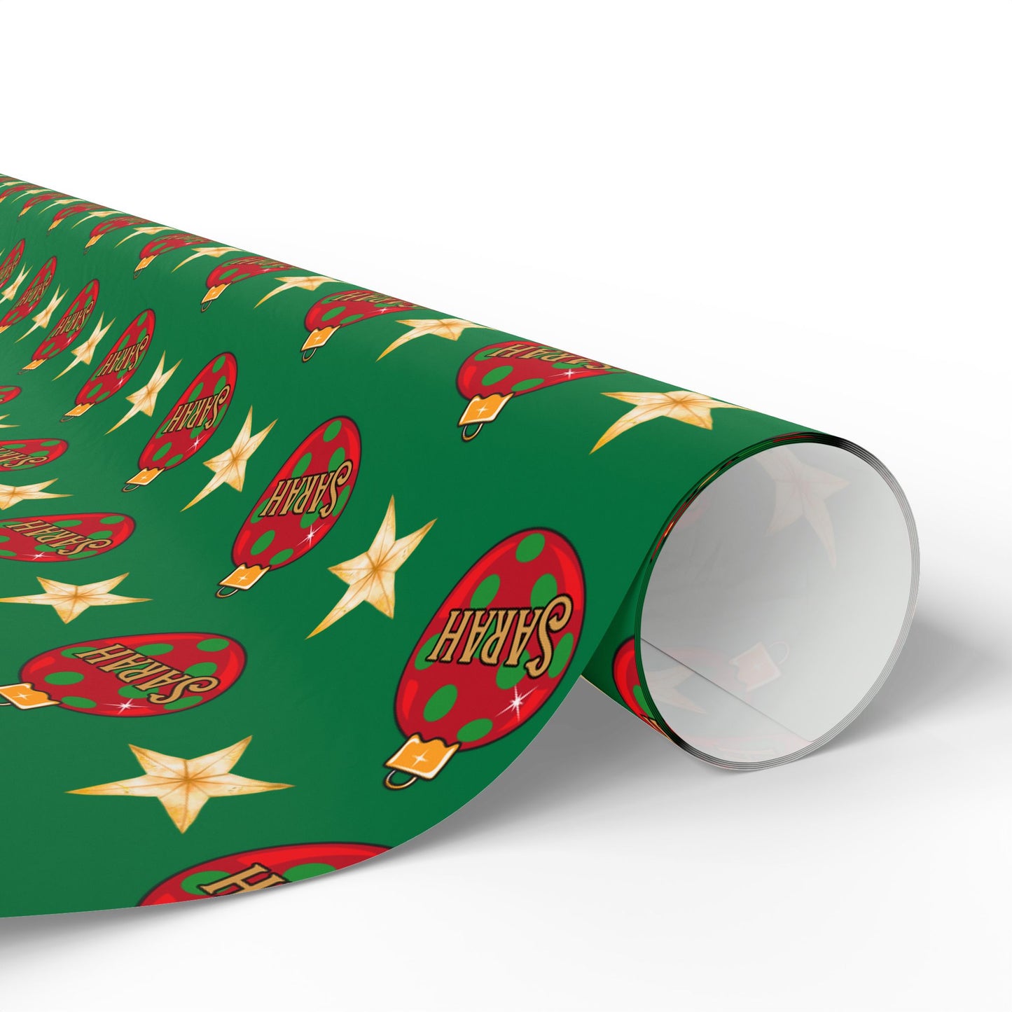 Red Ornament Gold Star Green Custom Wrapping Paper (Sarah)