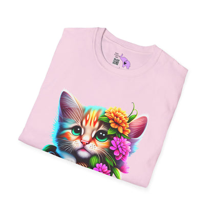 Cute Colorful Kitten in Flowers Adult T-shirt