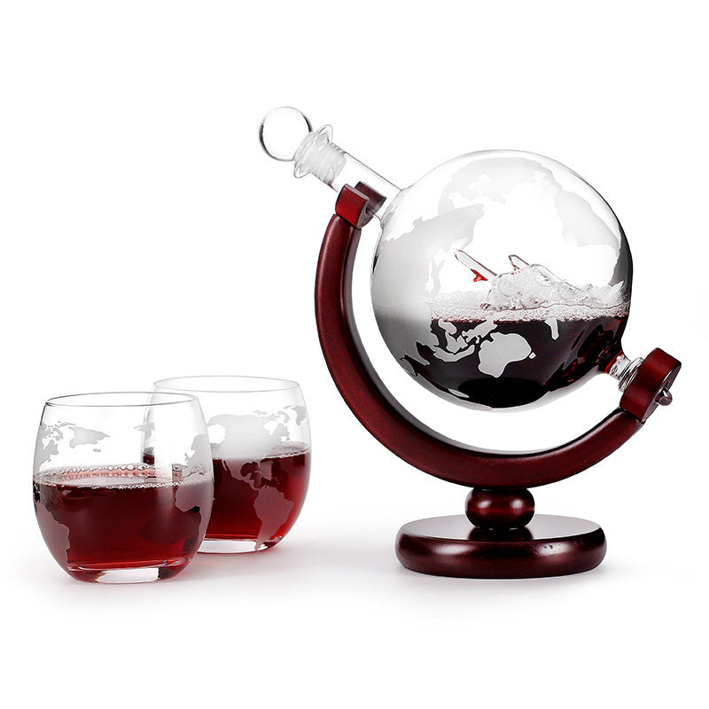 World Globe Glass Decanter Set with Wooden Stand – 850ml Whiskey, Bourbon & Wine Decanter