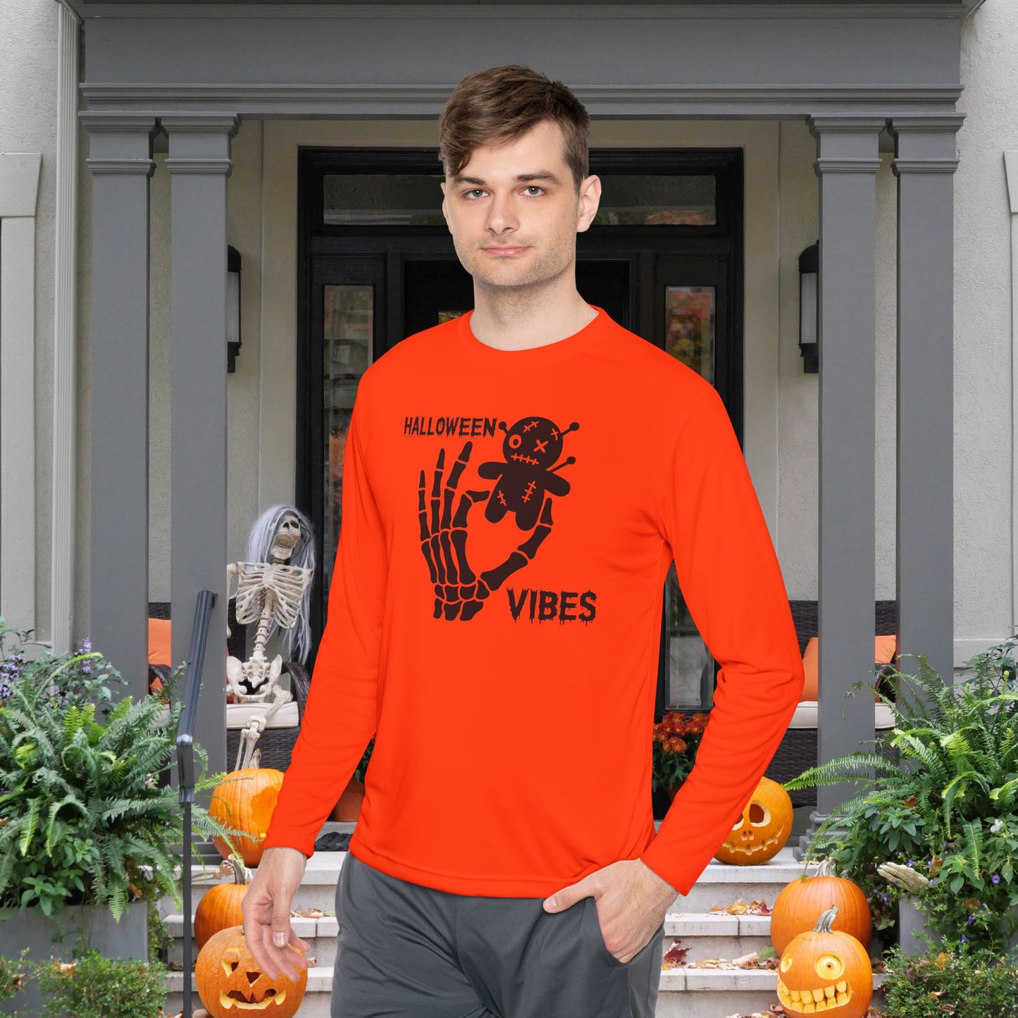 Halloween Vibes (Skeleton Hand & Voodoo Doll) Adult Long Sleeve Tee