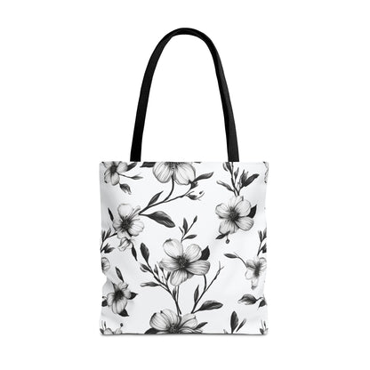 Black & White Five Petal Floral Canvas Tote Bag