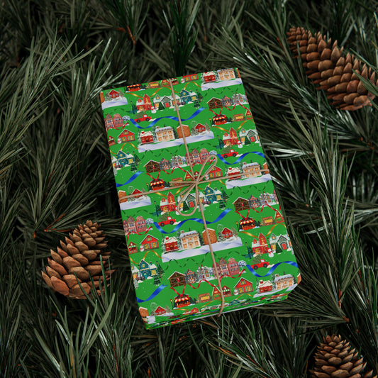 Colorful Christmas Village Green Wrapping Paper