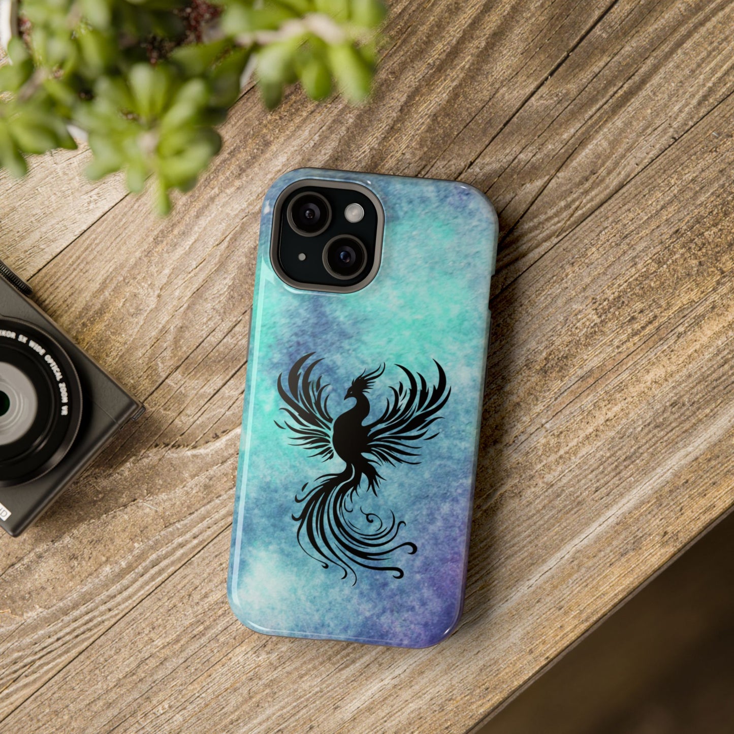 Phoenix Silhouette Over Teal Nebula MagSafe® Compatible Tough Case for iPhone