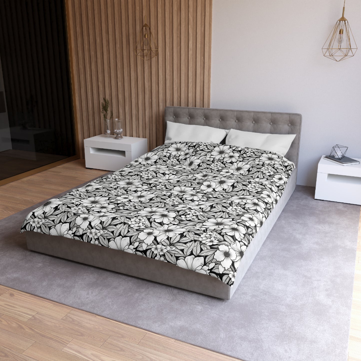 Black & White Forget-Me-Nots Microfiber Duvet Cover