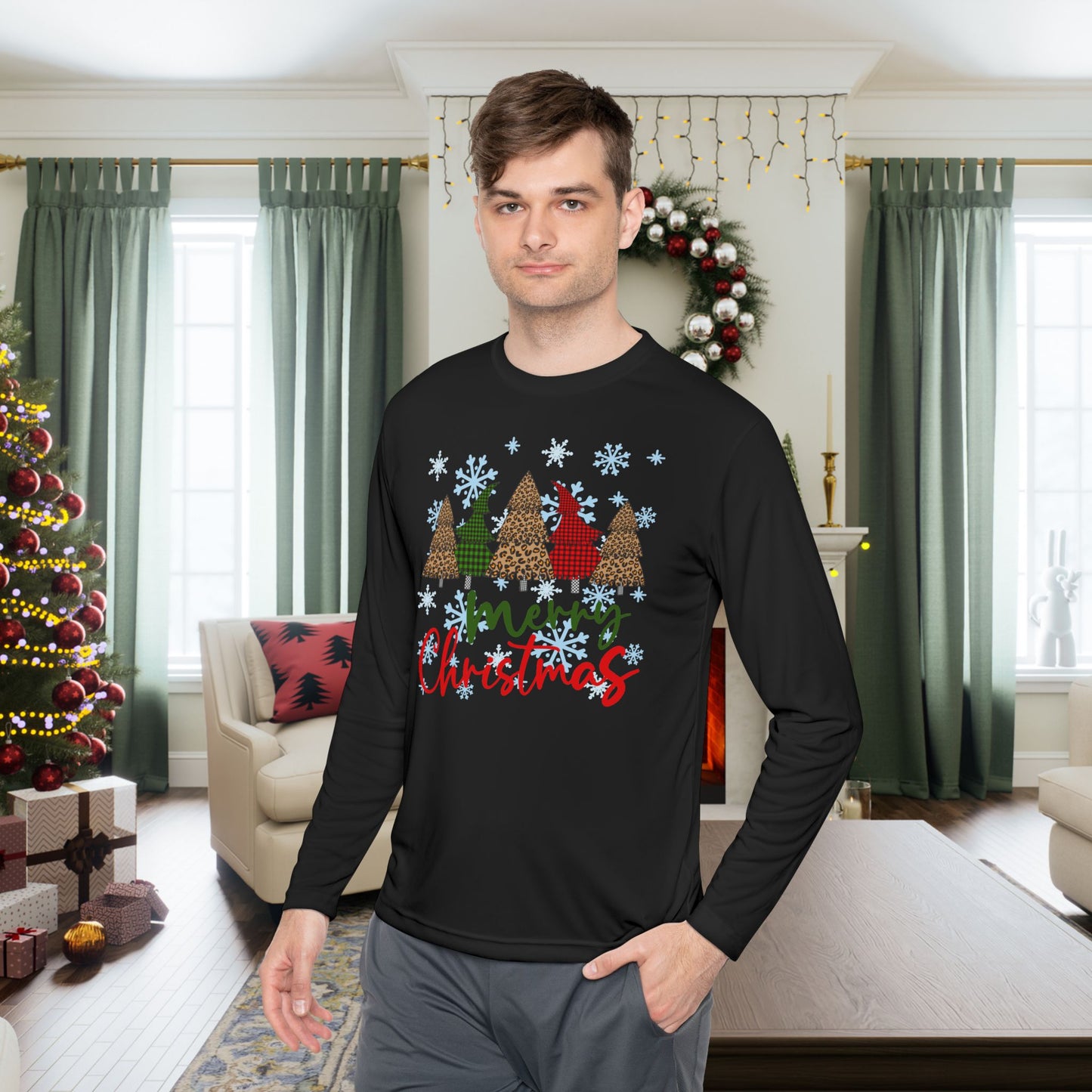 Checkered Trees Merry Christmas Adult Long Sleeve Tee
