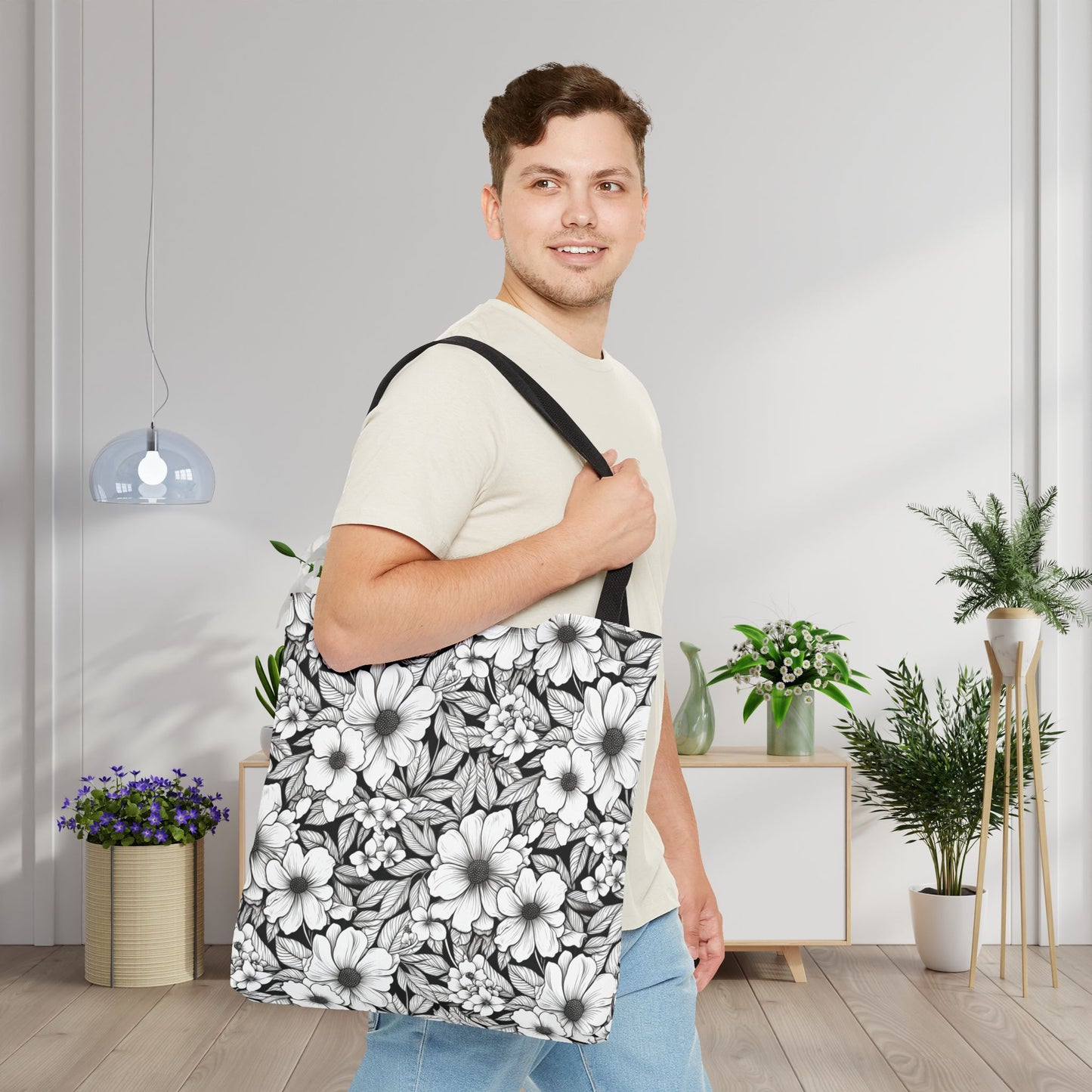 Black & White Forget-Me-Nots Canvas Tote Bag
