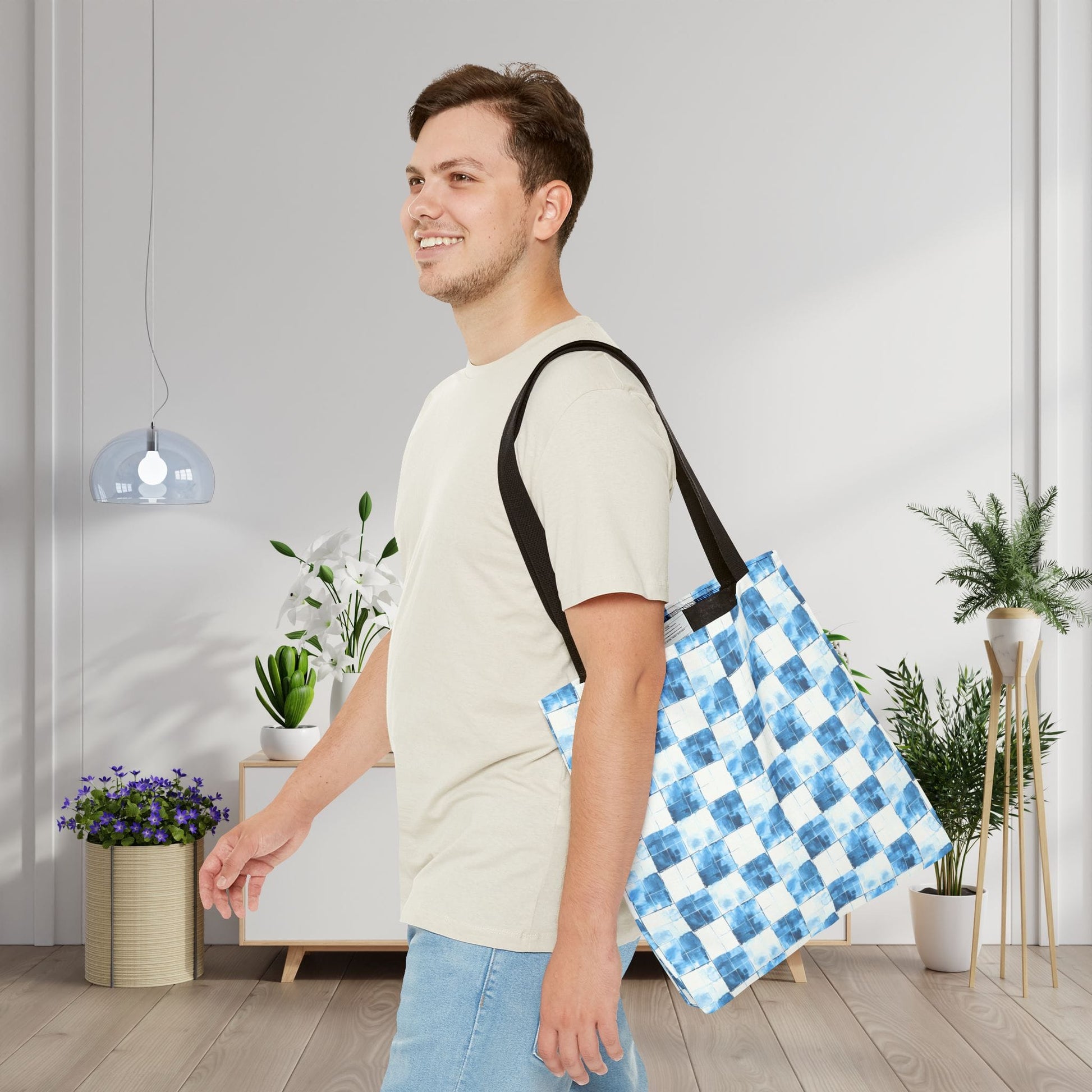 Cozy Blue Checkered Canvas Tote Bag
