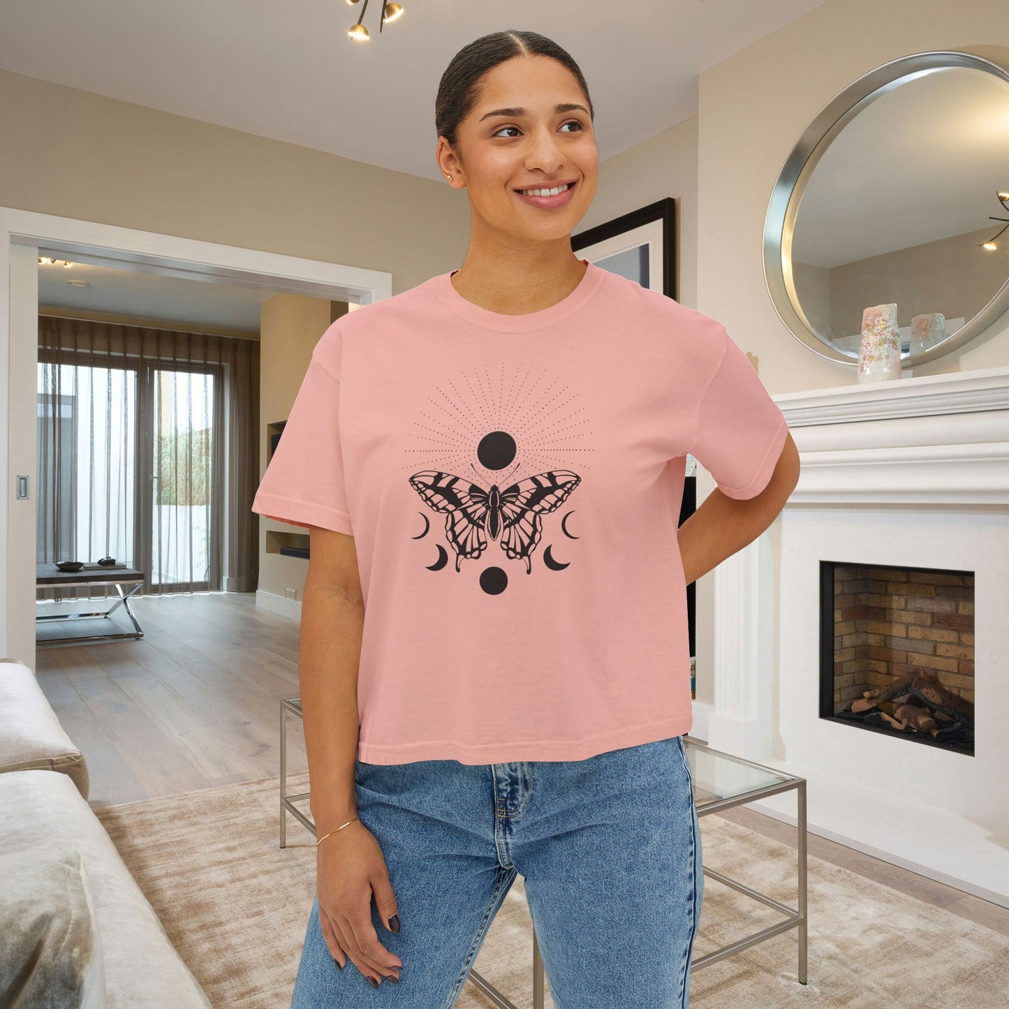 Butterfly w/Sun, Moon, & Stars Women's Boxy Tee