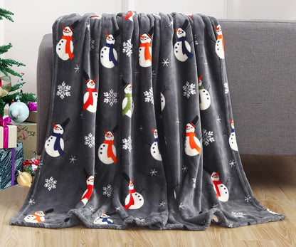 Christmas Reindeer Snowman Santa Claus Print Double-sided Flannel Couch Blanket