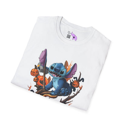 Halloween Stitch in Tree w/Pumpkins Adult T-shirt