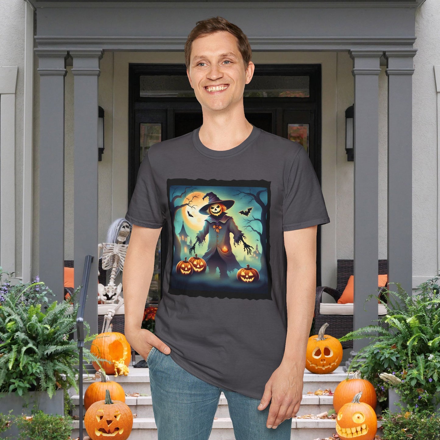 Halloween Scarecrow w/Pumpkins 3 Adult T-shirt