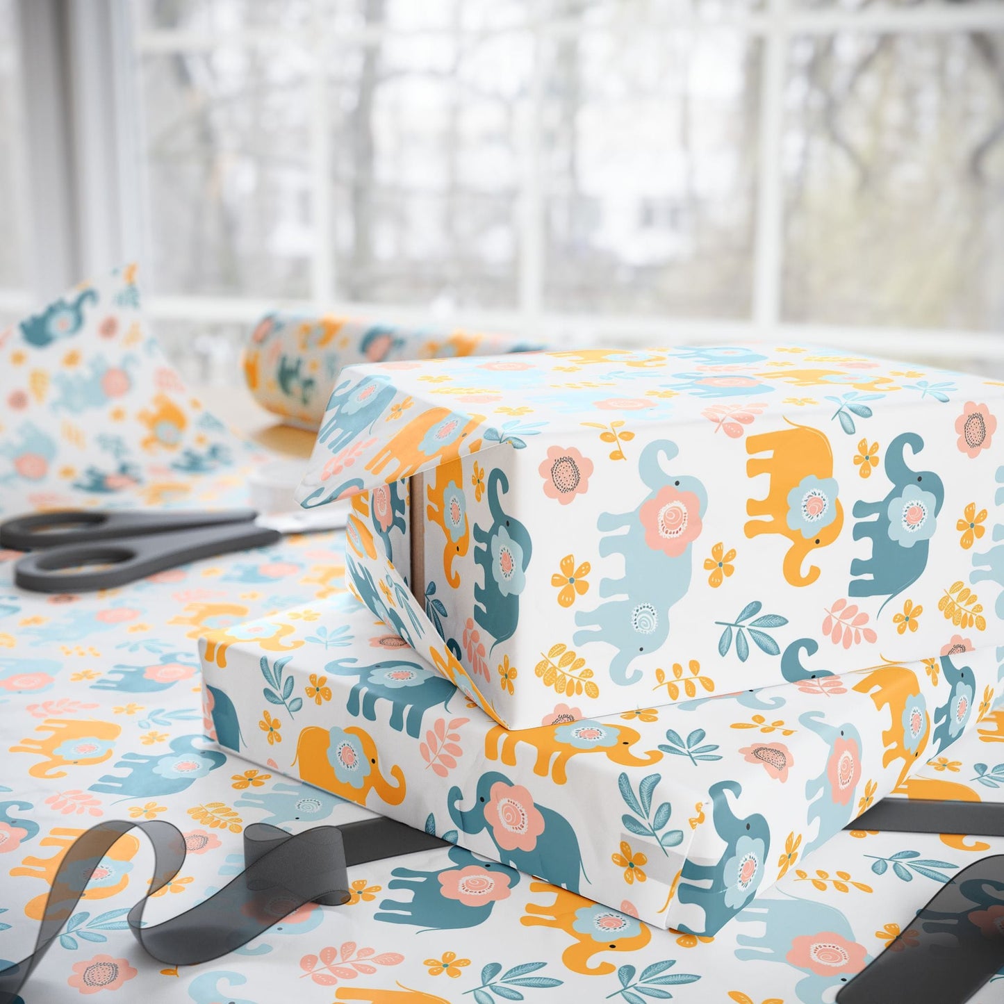 Elephants in Bloom Wrapping Paper