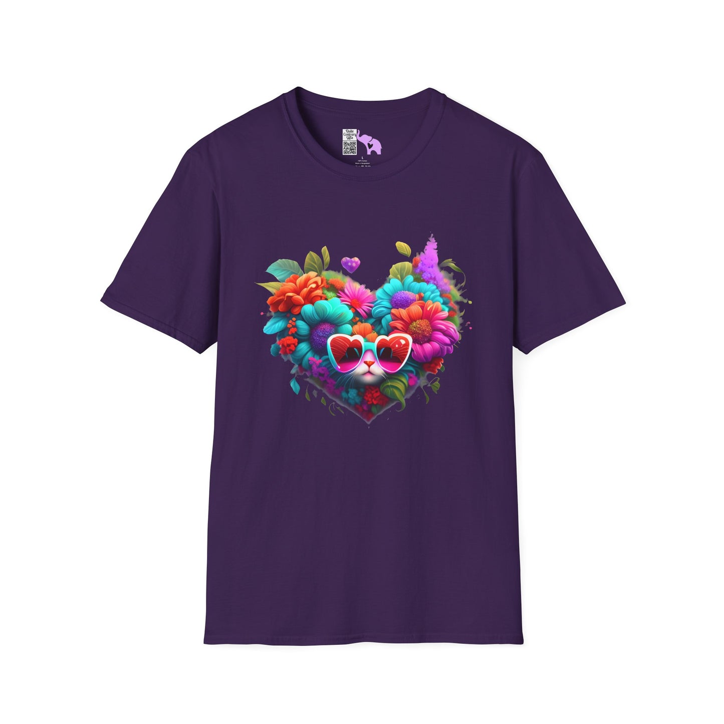 Colorful Flowers/Heart Kitten Adult T-shirt