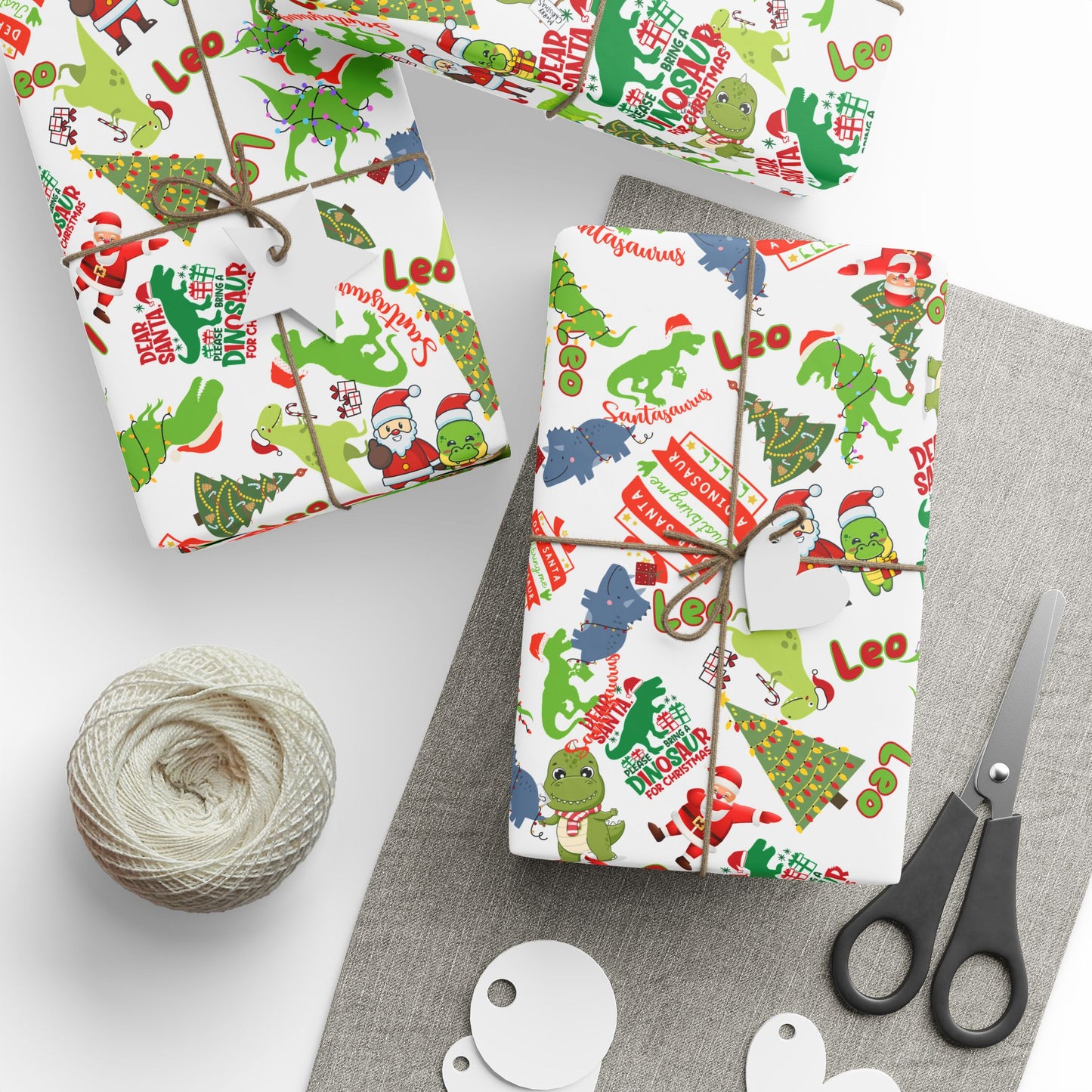 Dinosaur Santa Themed Custom Name Wrapping Paper (Leo)