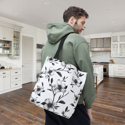 Black & White Five Petal Floral Canvas Tote Bag