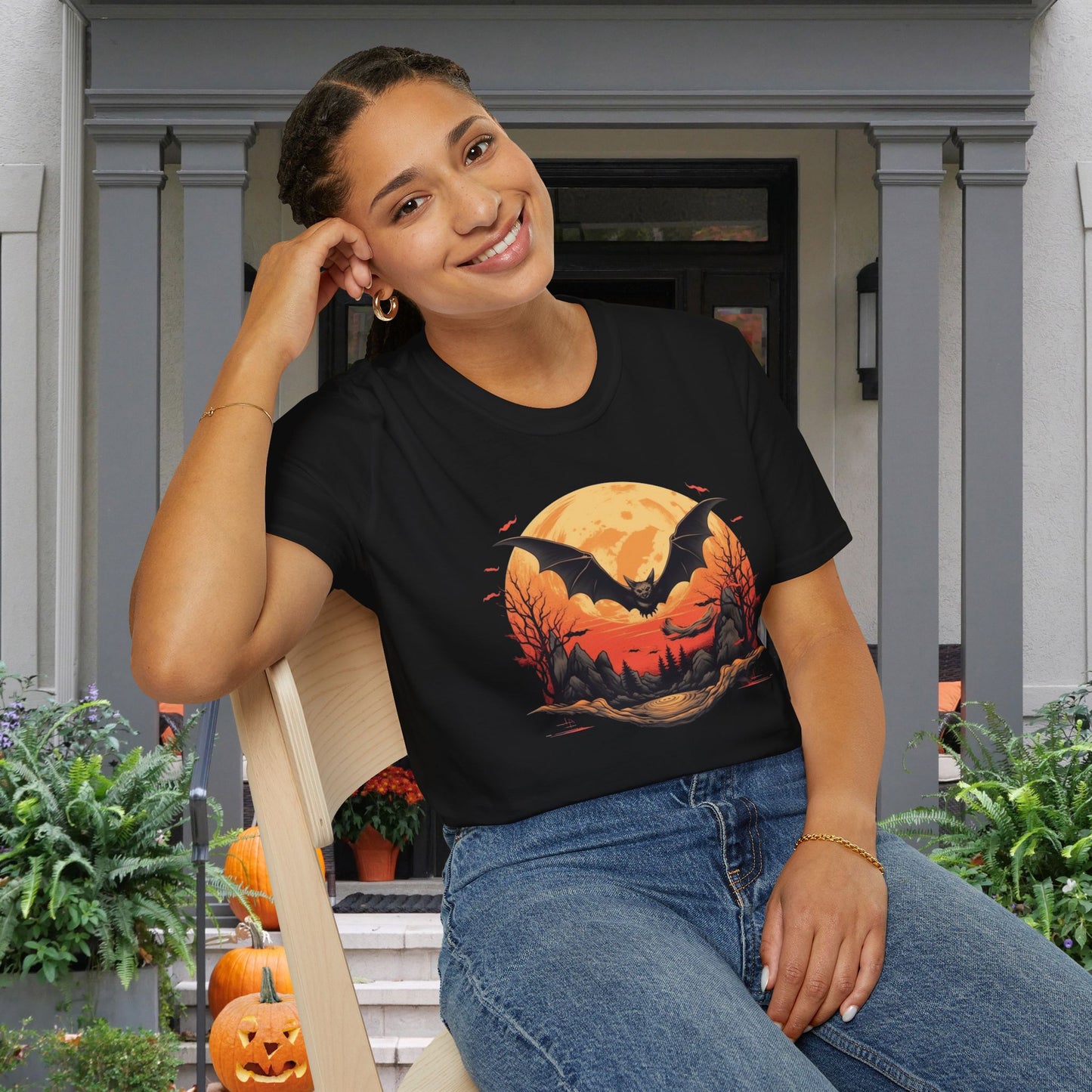 Creepy Bats Over Moon 3 Adult T-shirt