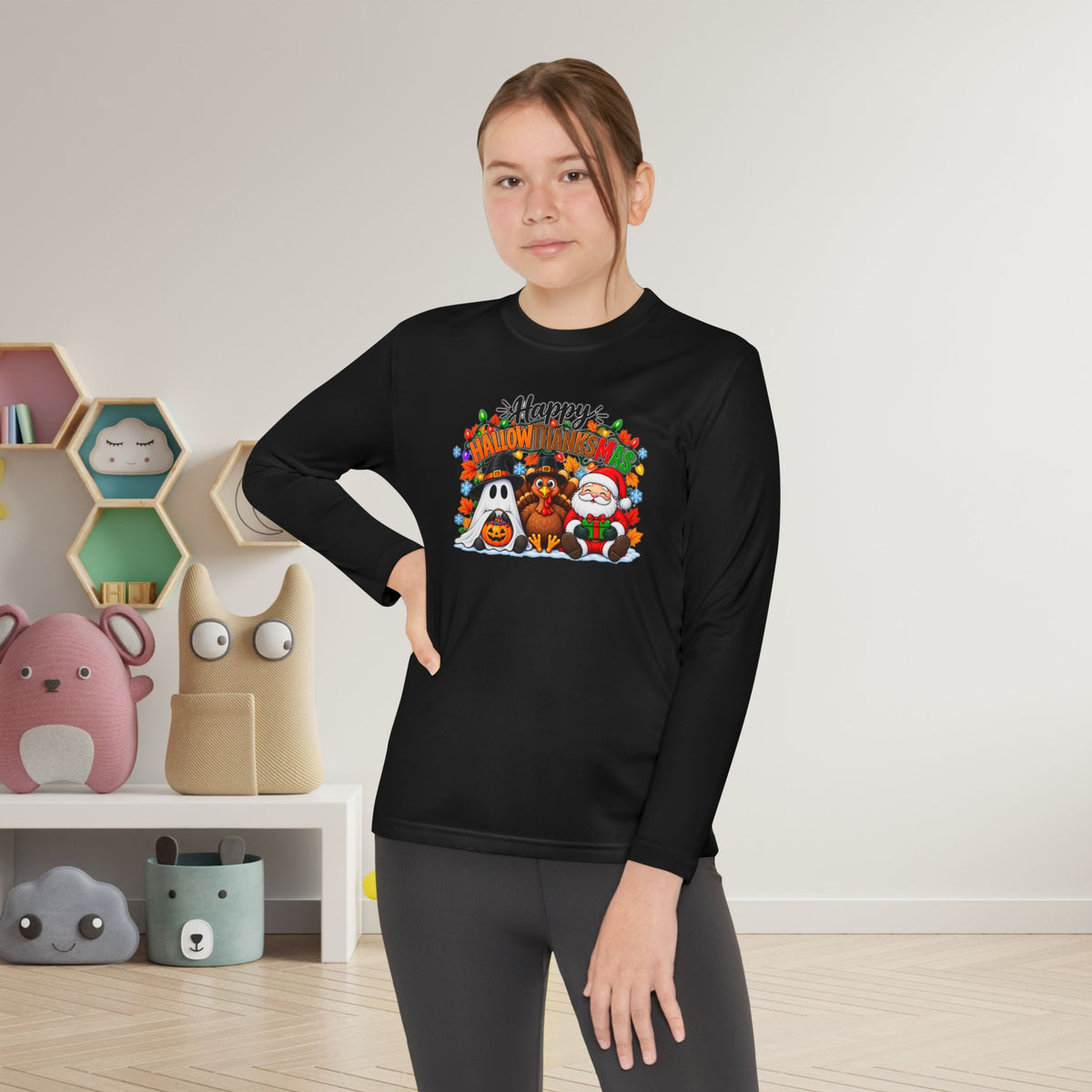 Happy Hallowthanksmas (String Lights) Youth Long Sleeve Tee