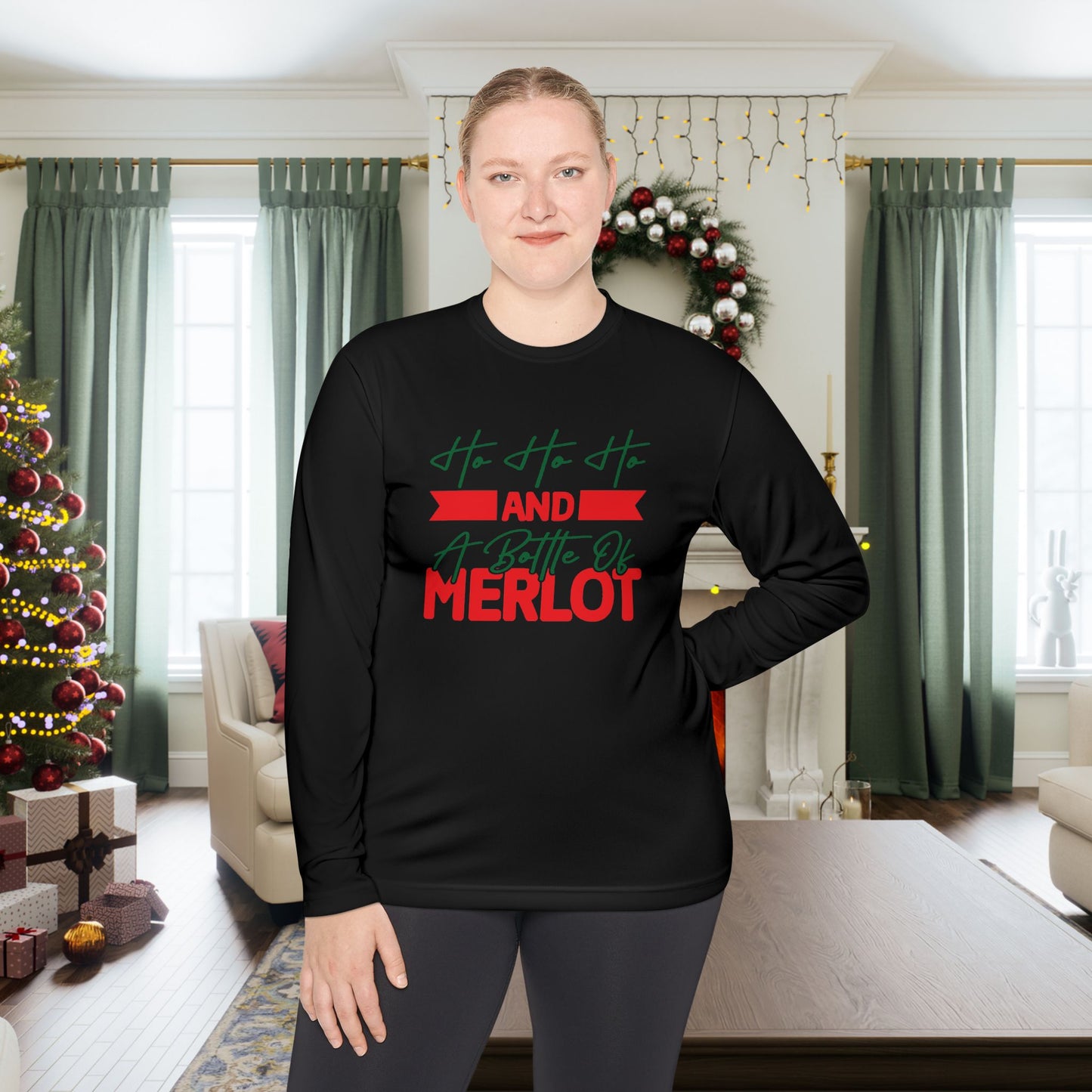 Ho Ho Ho And A Bottle Of Merlot Adult Long Sleeve Tee