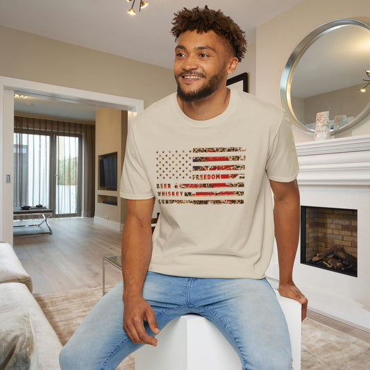 Freedom, Beer & Whiskey, Guns American Flag Adult T-shirt