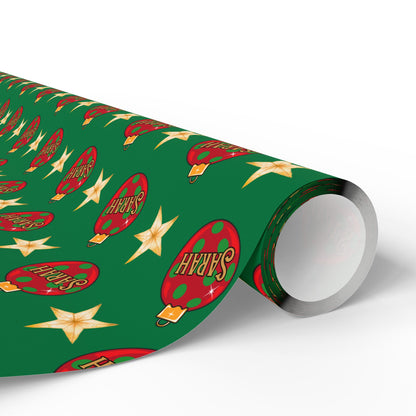 Red Ornament Gold Star Green Custom Wrapping Paper (Sarah)