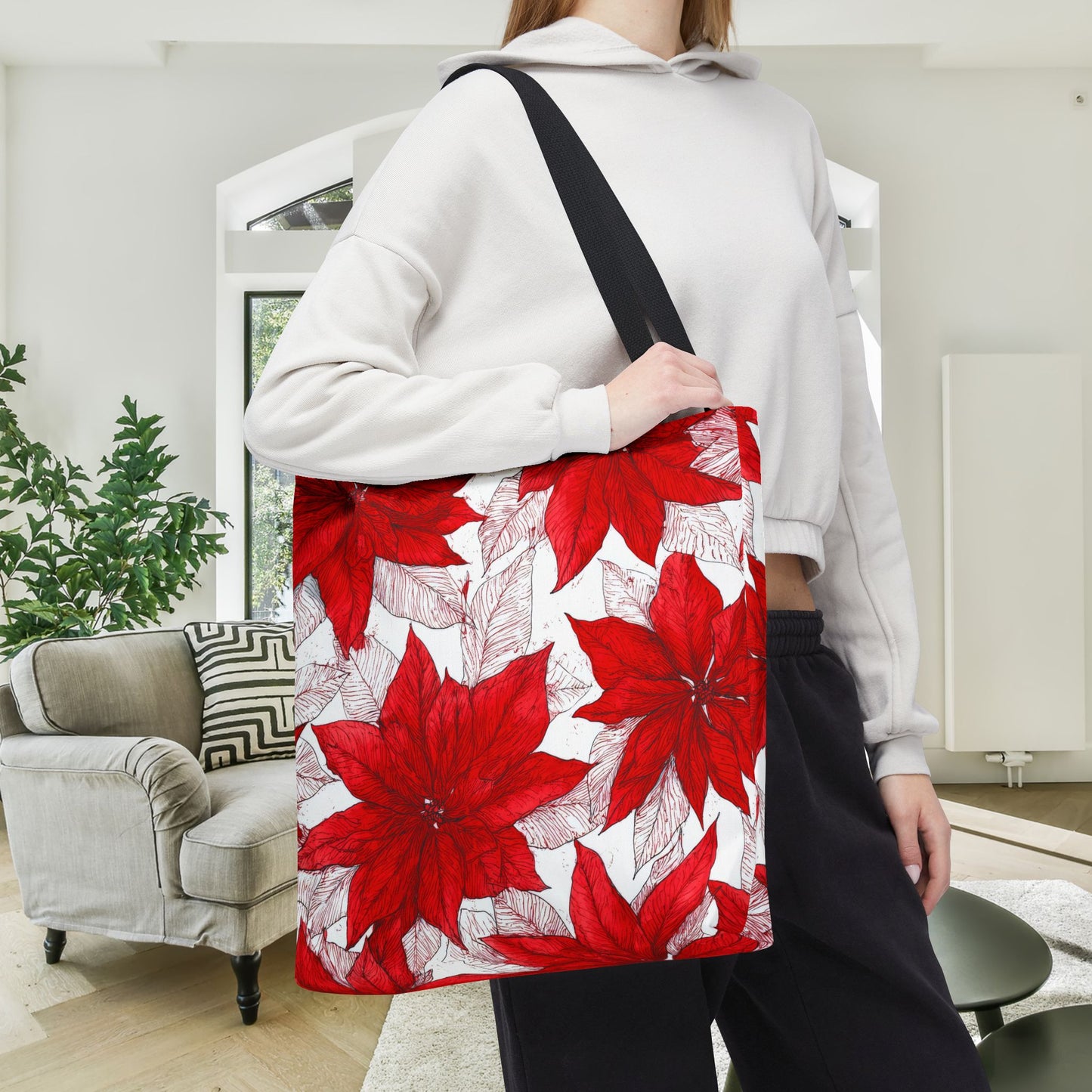 Crimson Poinsettia Sketch Canvas Tote Bag