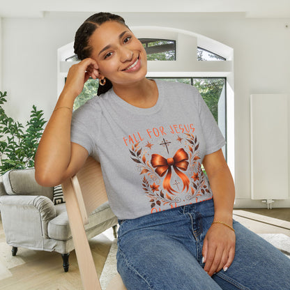 Fall For Jesus He Never Leaves (2) Adult T-shirt