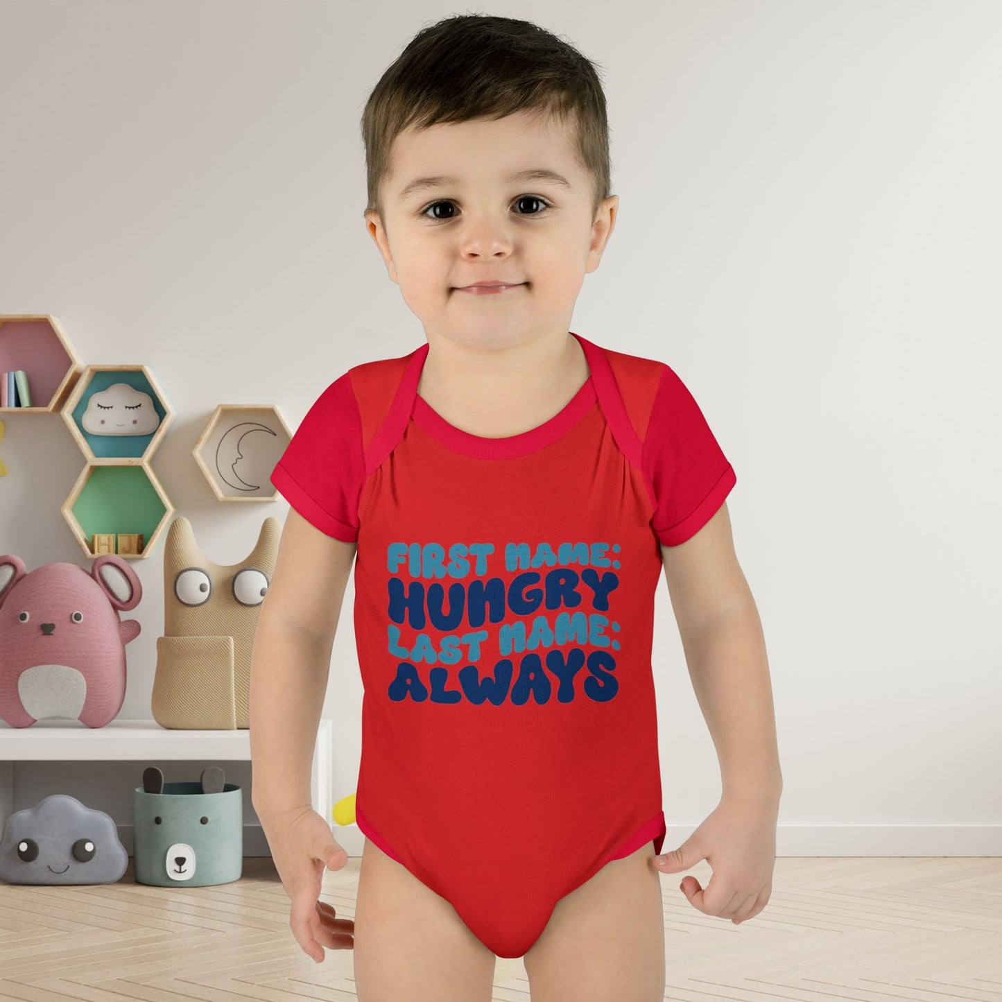 First Name: Hungry Last Name: Always Infant Baby Rib Bodysuit