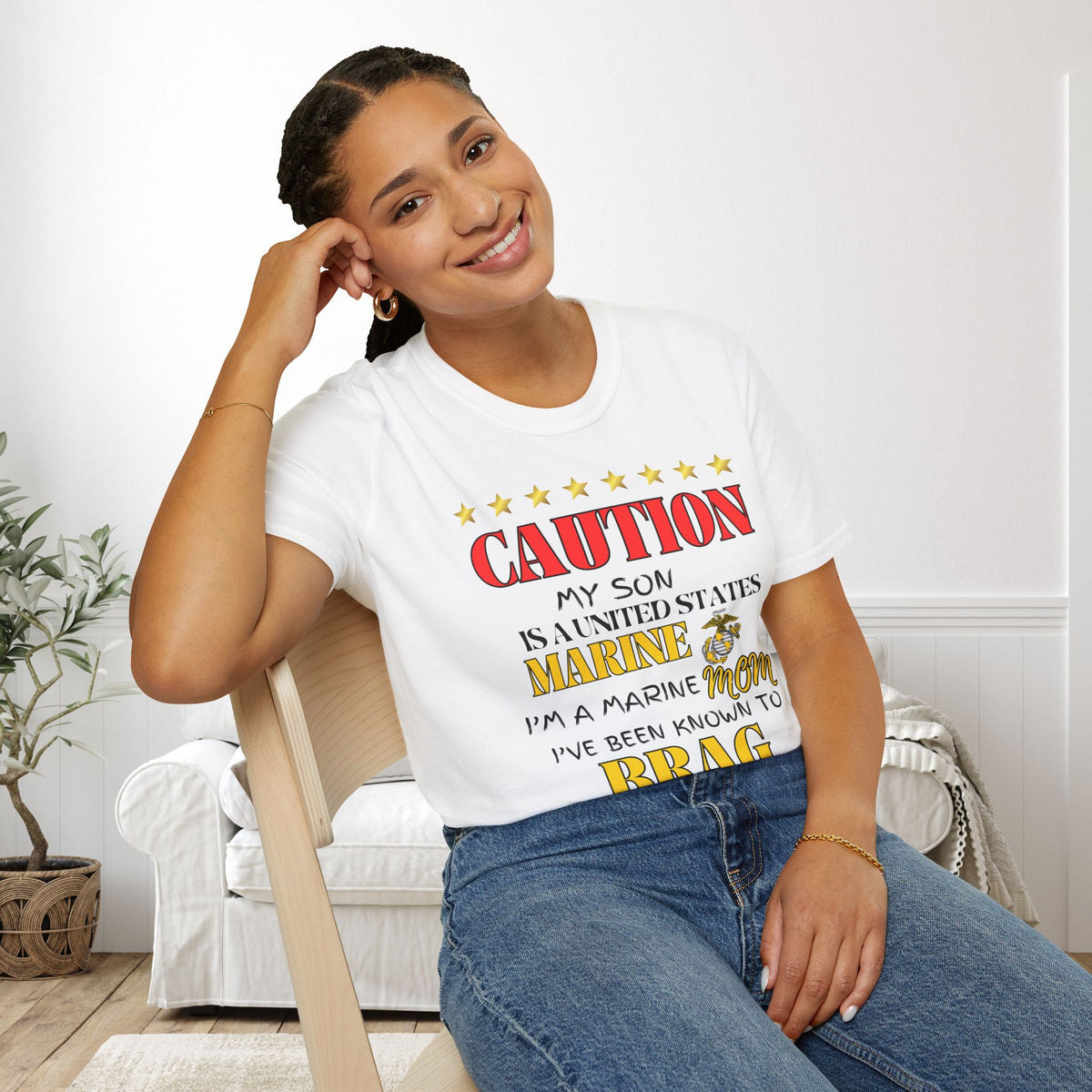 Caution My Son is a US Marine I've Been Known to Brag (Mom) Adult  T-Shirt