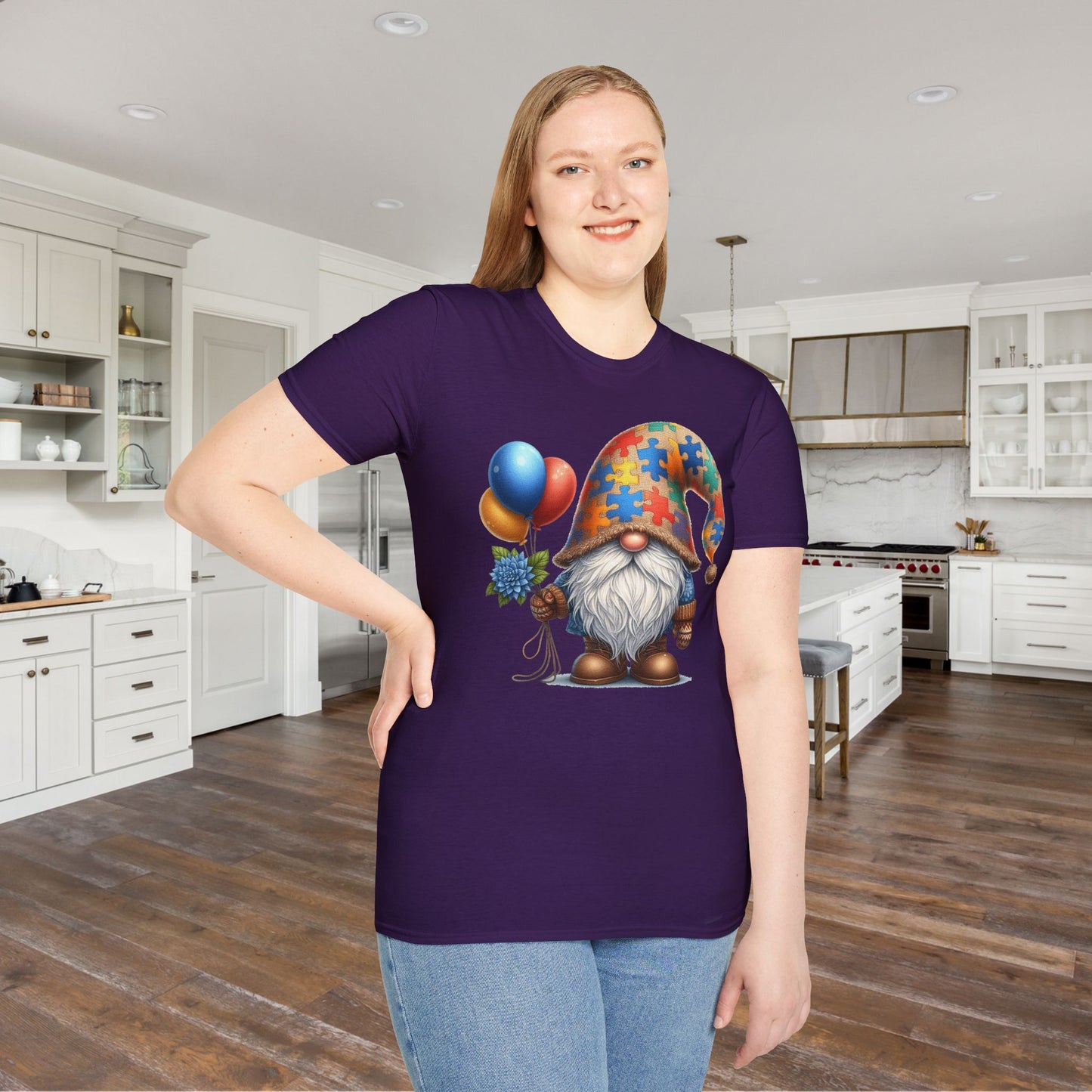 Autism Awarness Gnome w/Balloons Adult T-shirt