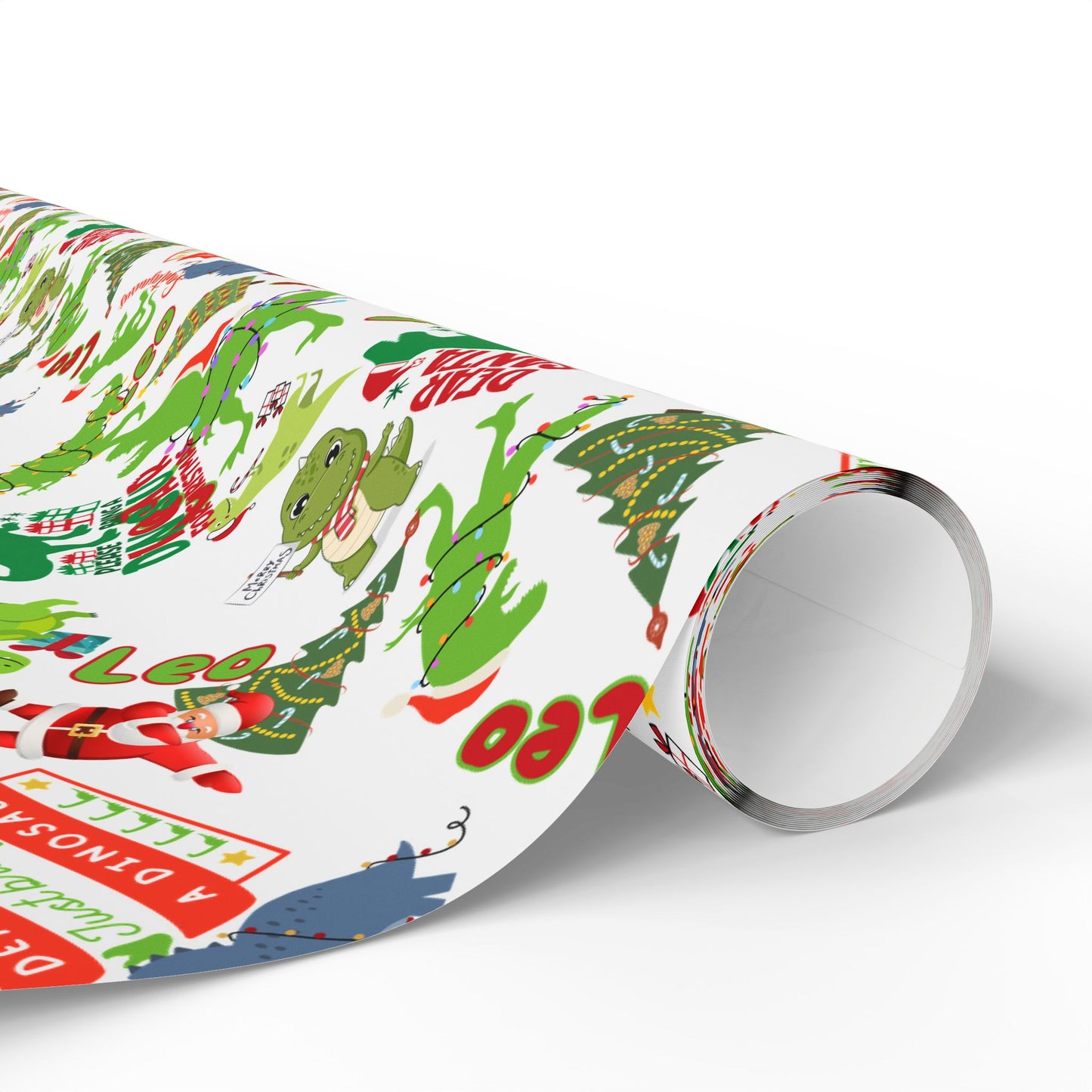 Dinosaur Santa Themed Custom Name Wrapping Paper (Leo)