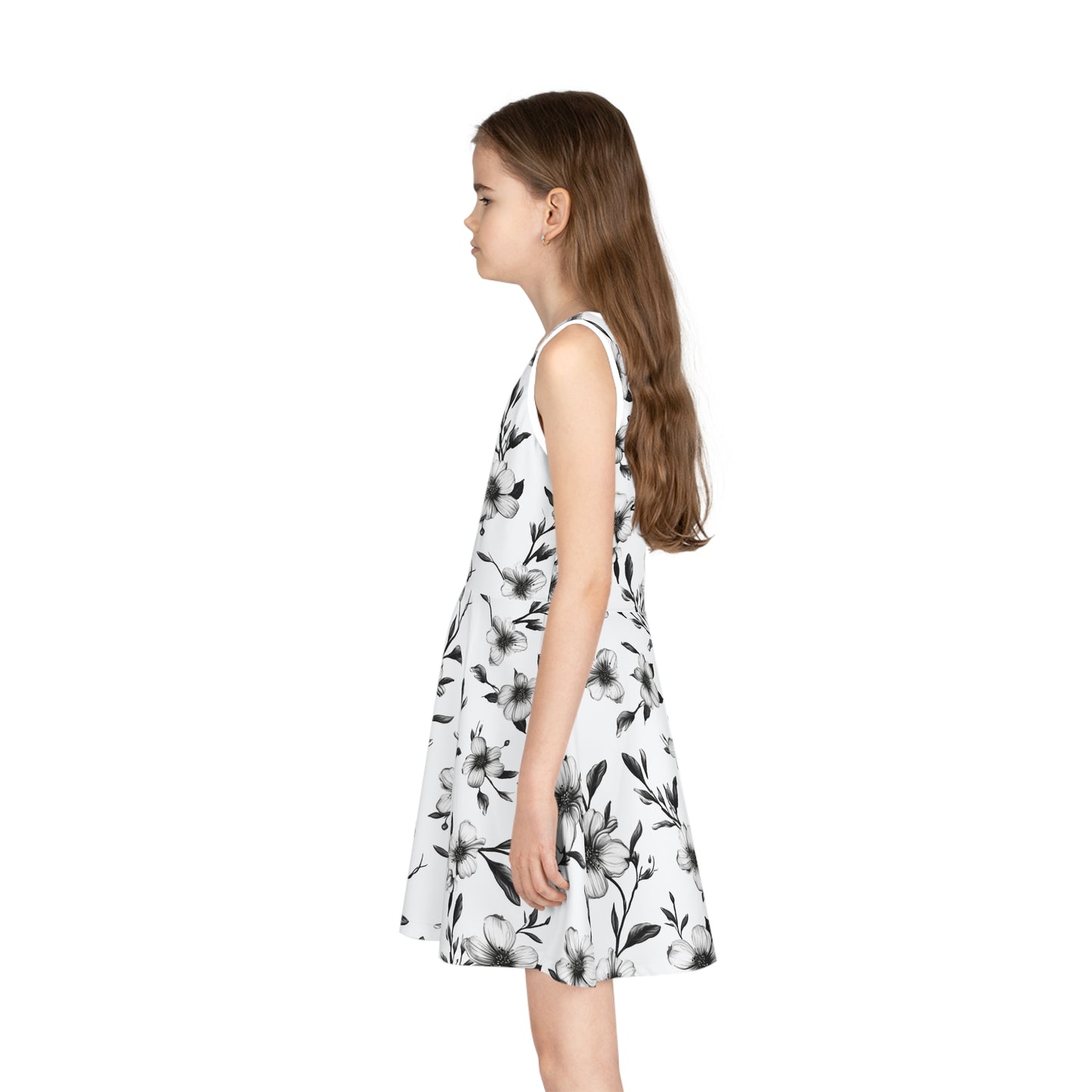 Black & White Five Petal Floral Girls' Sleeveless Sundress