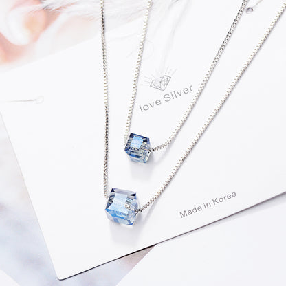 Sugar Cube Crystal Pendant Double Chain Necklace (Pink or Blue)