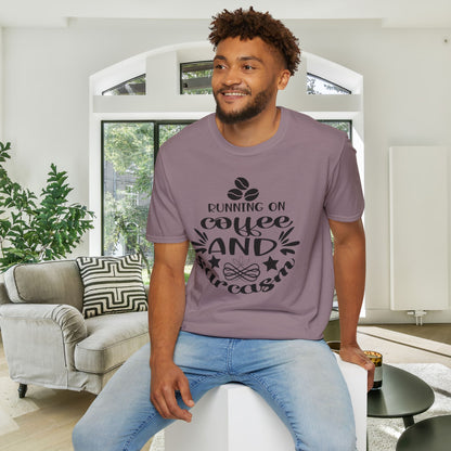 Running On Coffee And Sarcasm Adult T-shirt