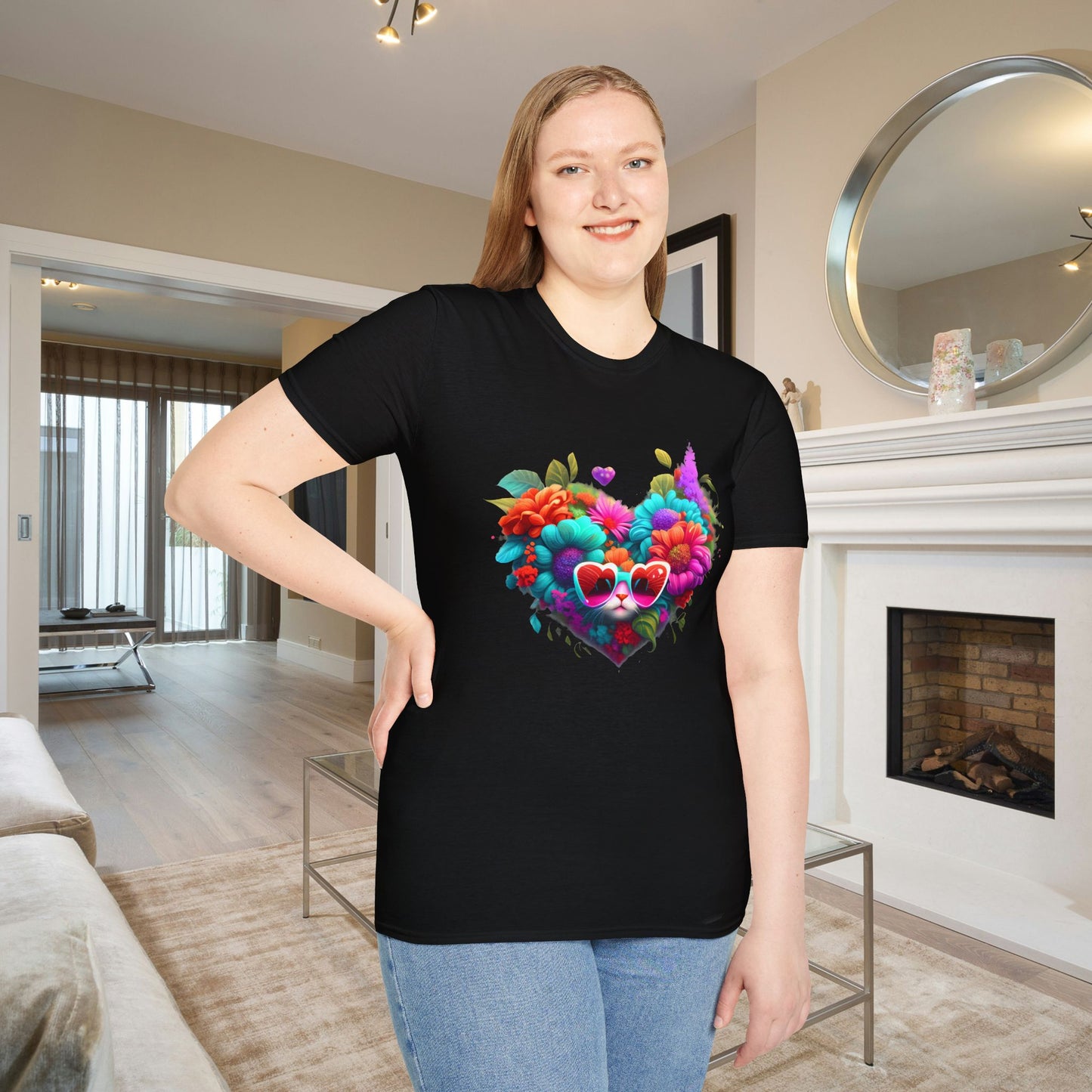 Colorful Flowers/Heart Kitten Adult T-shirt