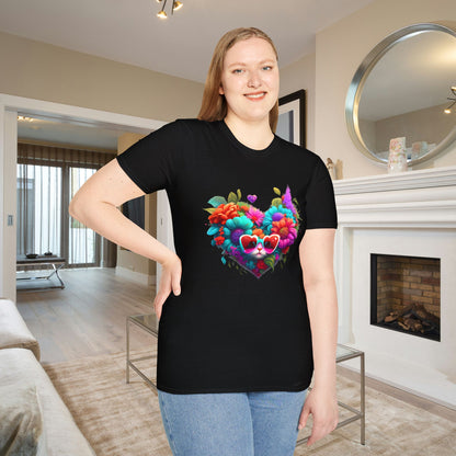 Colorful Flowers/Heart Kitten Adult T-shirt