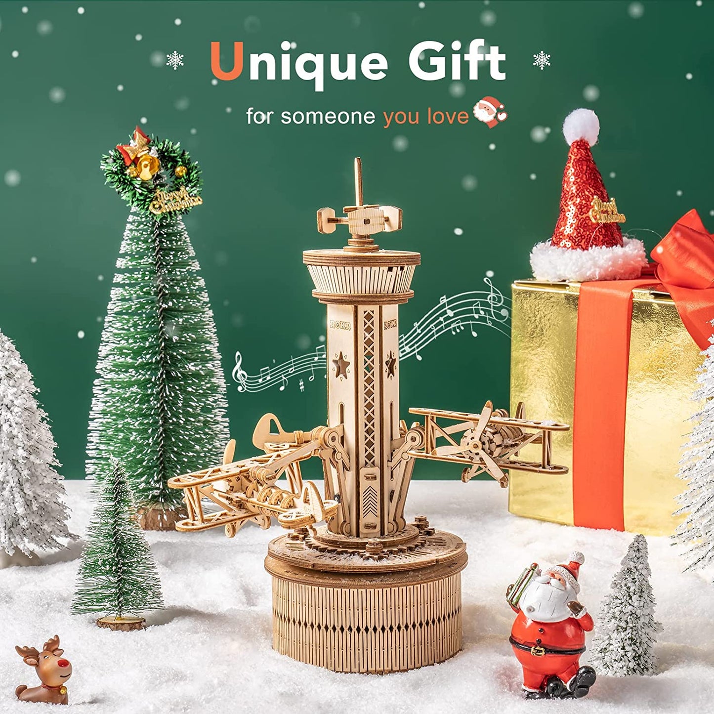 Flying Airplane Tower 3D DIY Wooden Puzzle Music Box
