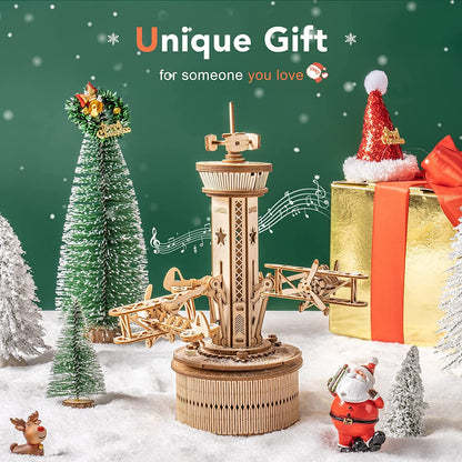 Flying Airplane Tower 3D DIY Wooden Puzzle Music Box