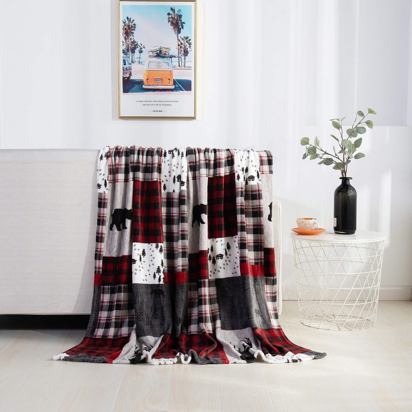 Christmas Reindeer Snowman Santa Claus Print Double-sided Flannel Couch Blanket