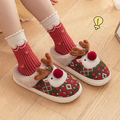 Cute Christmas Plaid Reindeer Plush House Slippers