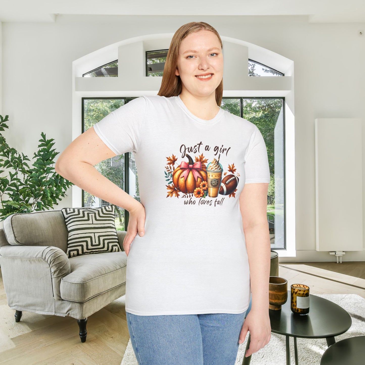 Just A Girl Who Loves Fall Pumpkin/Frappuccino/Football Adult T-shirt
