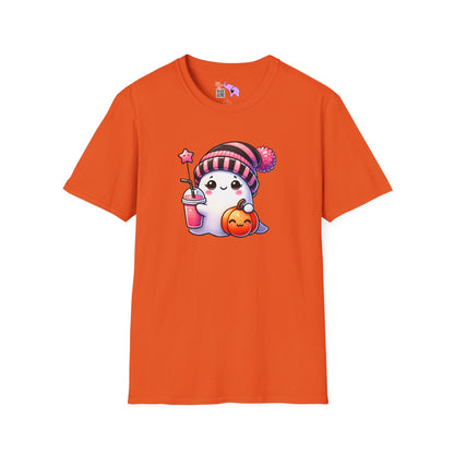 Cute Ghost w/Pumpkin and Pink Drink Adult T-shirt
