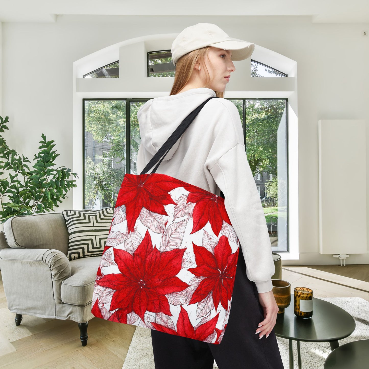 Crimson Poinsettia Sketch Canvas Tote Bag