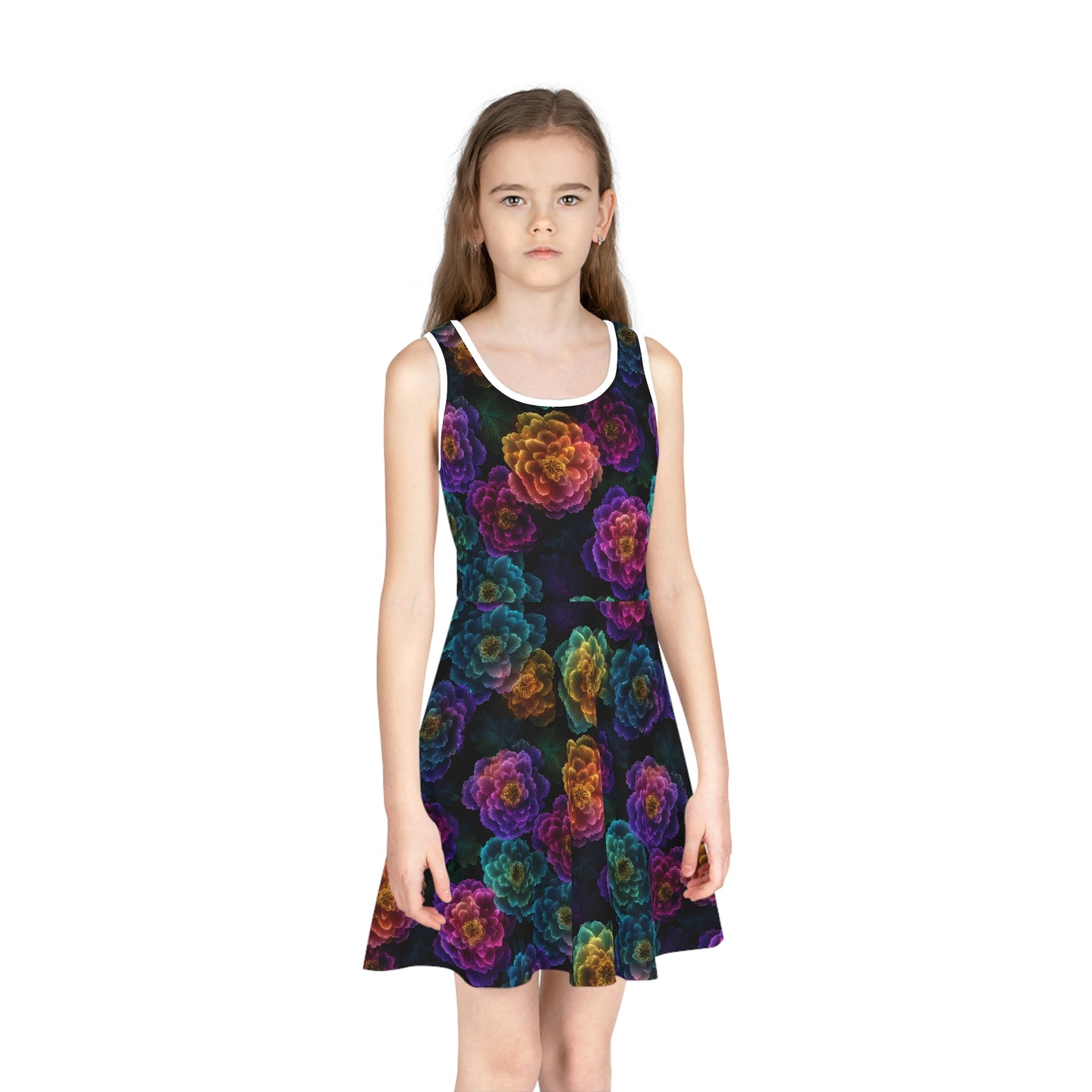 Neon Whisper Blooms Girls' Sleeveless Sundress
