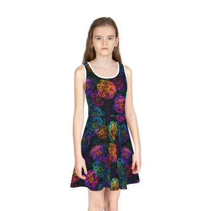 Neon Whisper Blooms Girls' Sleeveless Sundress