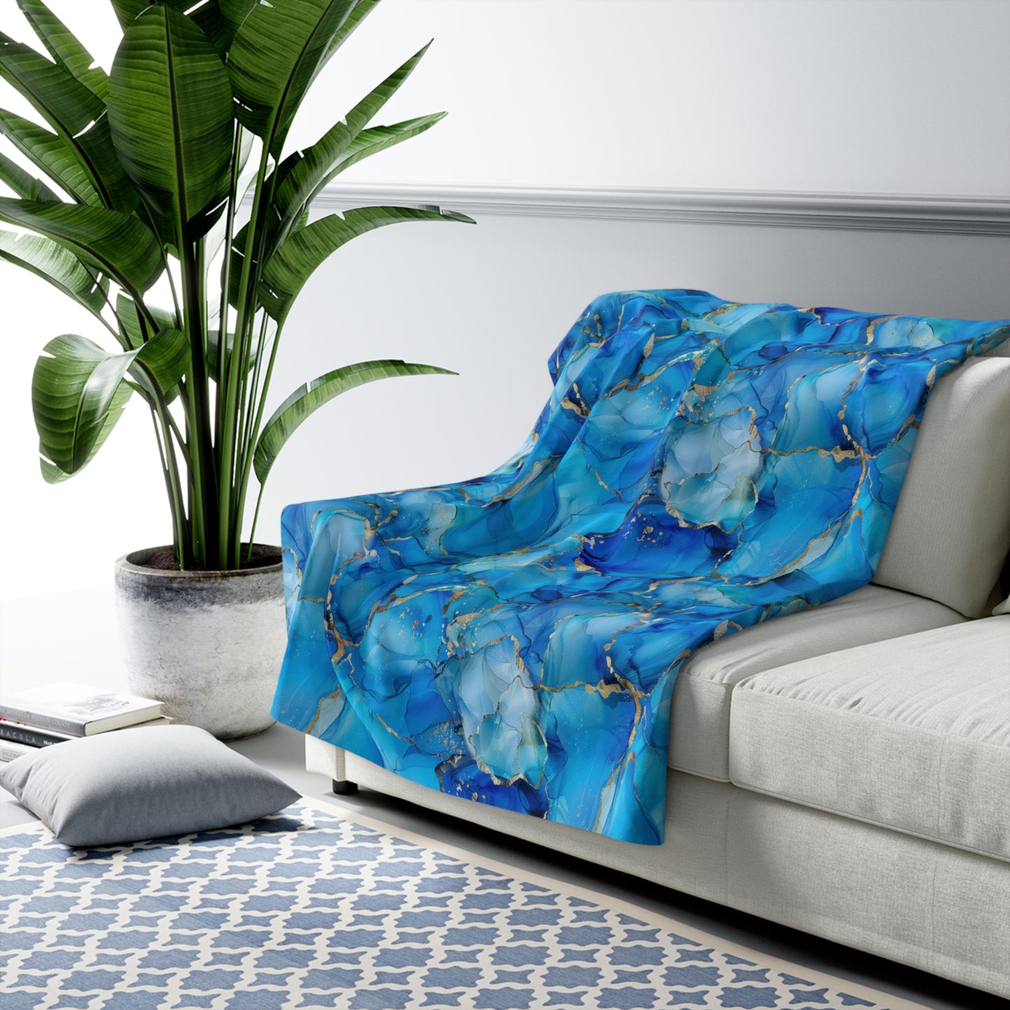 Turquoise Marble Print Sherpa Fleece Blanket