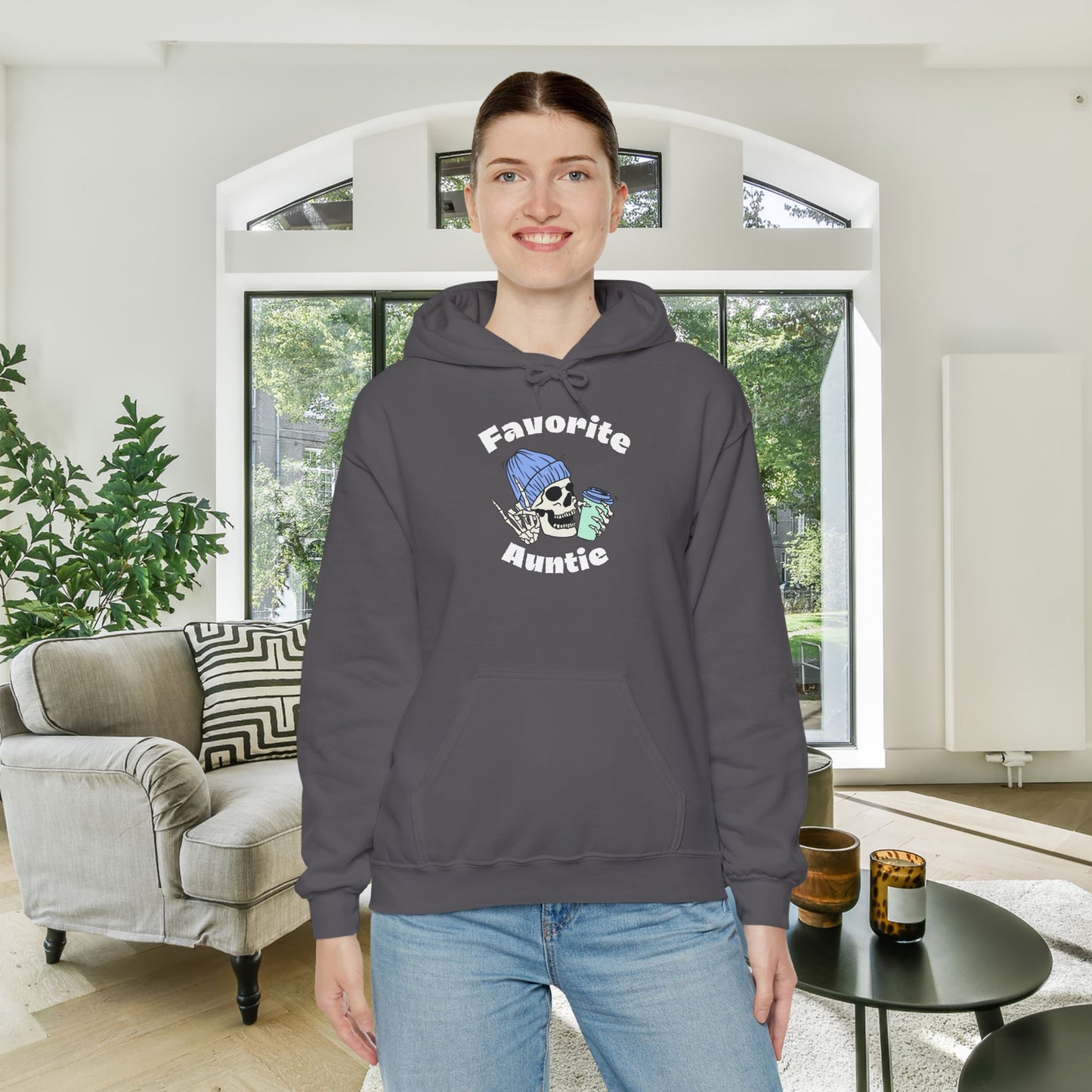 Favorite Auntie Skull drinking coffee Heavy Blend™ Hooded Sweatshirt