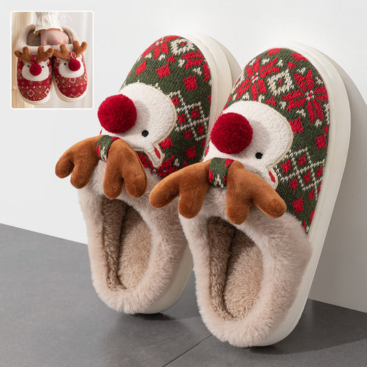 Cute Christmas Plaid Reindeer Plush House Slippers